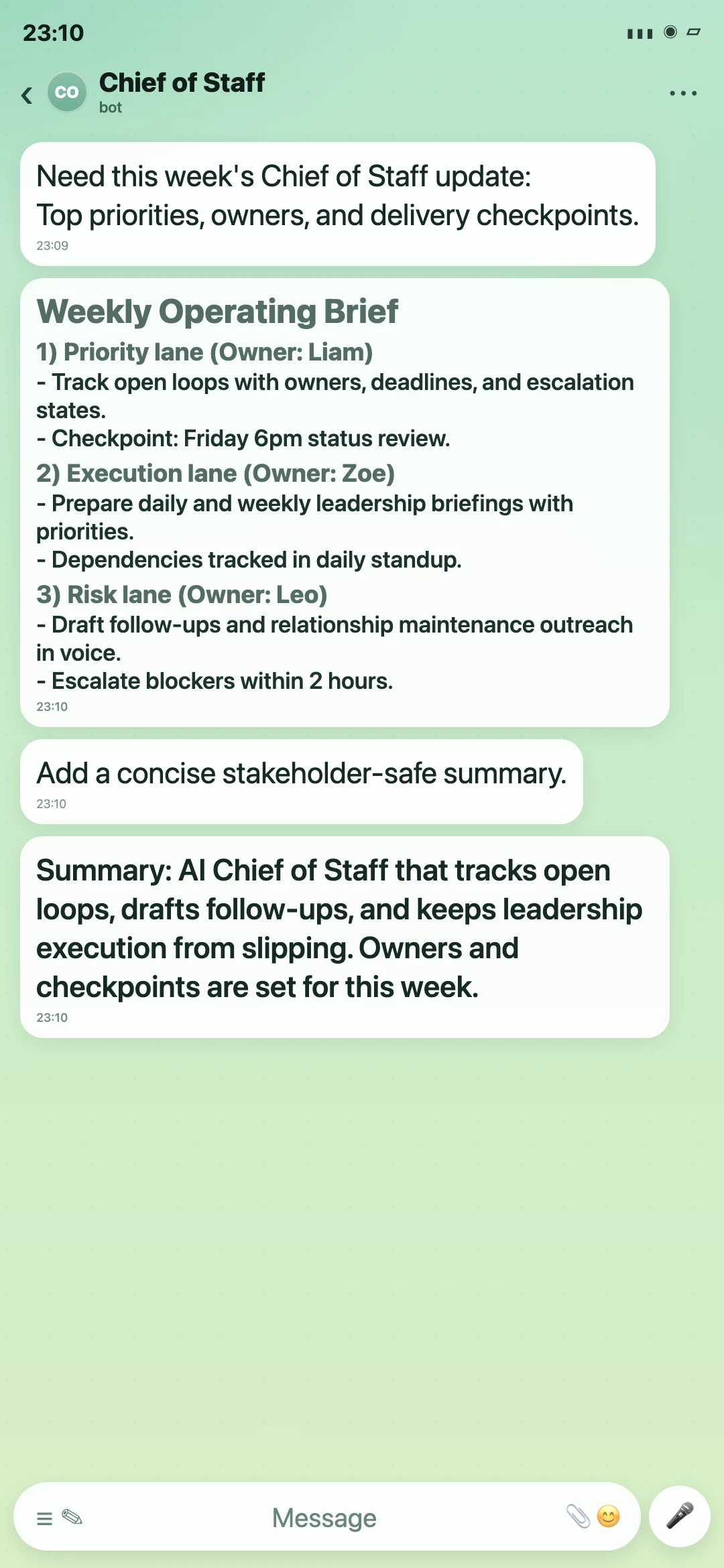 Chief of Staff Telegram weekly operating brief screenshot