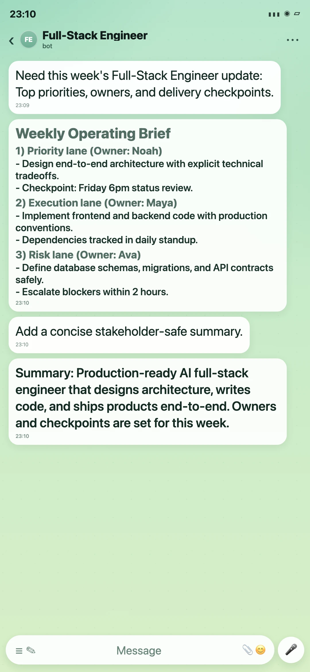 Full-Stack Engineer Telegram weekly operating brief screenshot