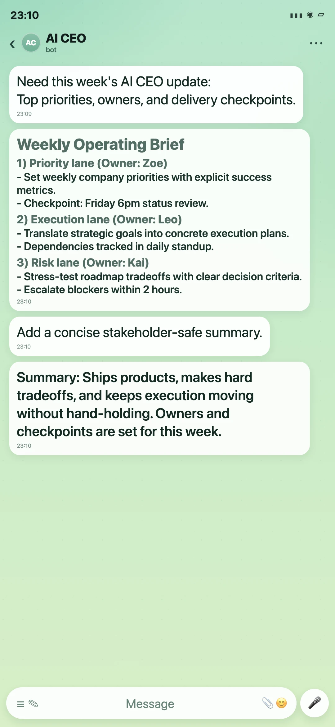 AI CEO Telegram weekly briefing screenshot