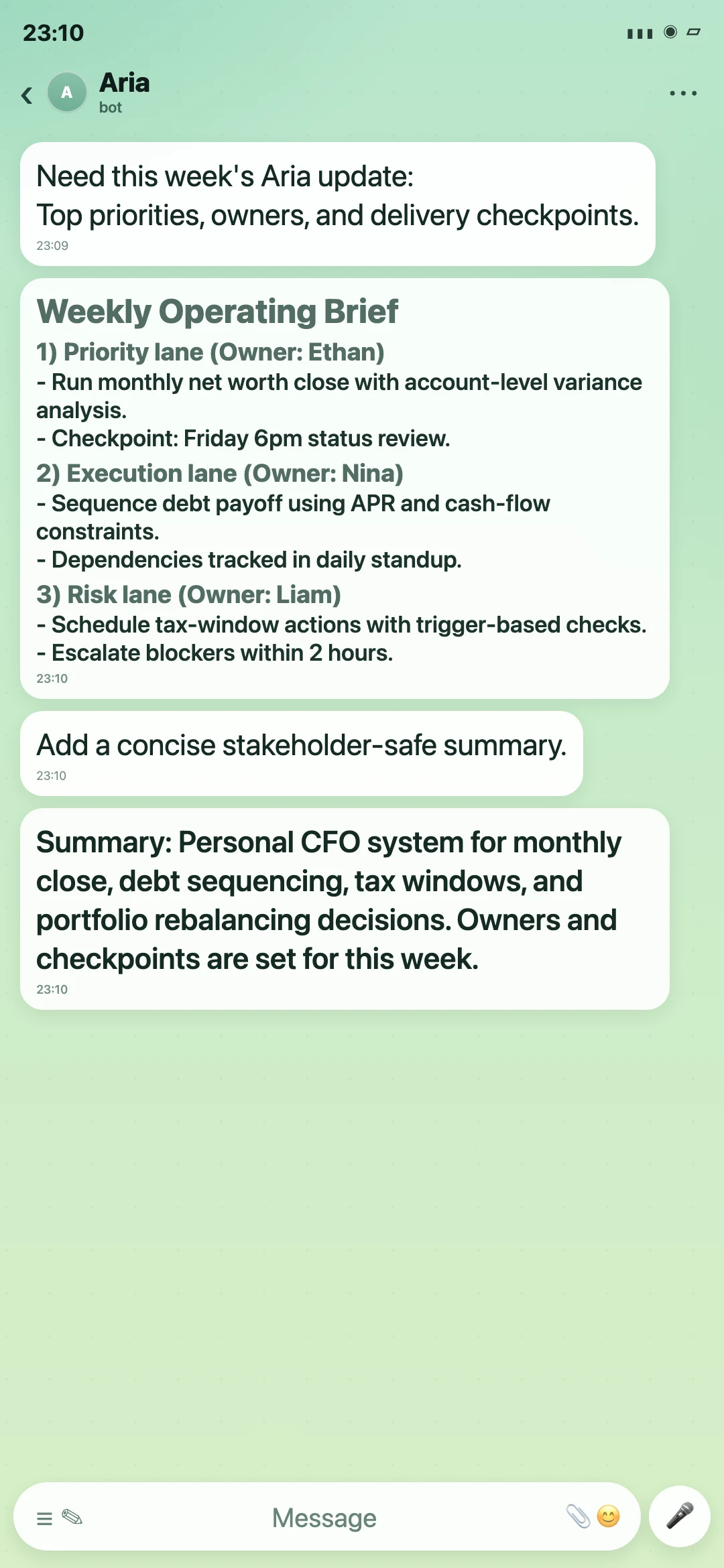 Aria Telegram weekly operating brief screenshot