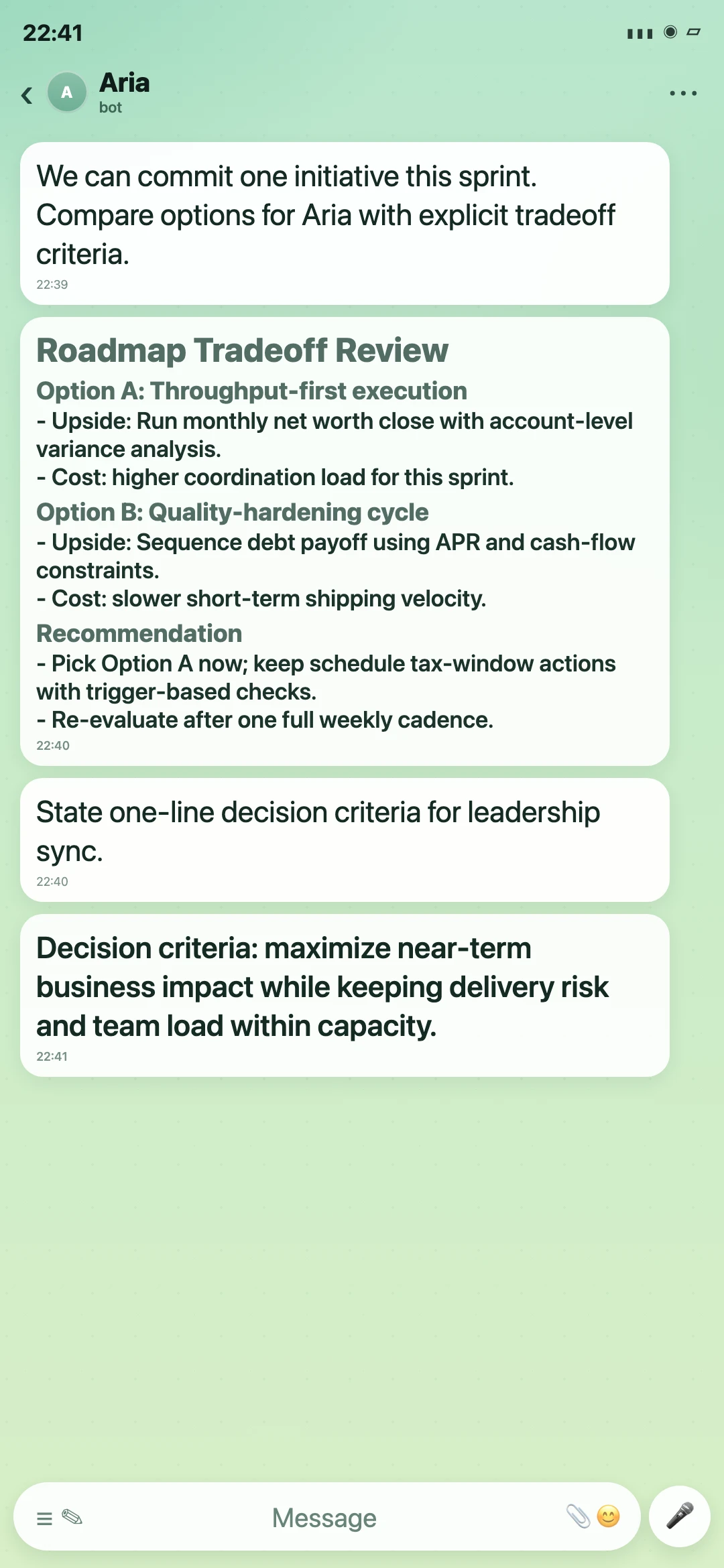 Aria Telegram roadmap tradeoff review screenshot