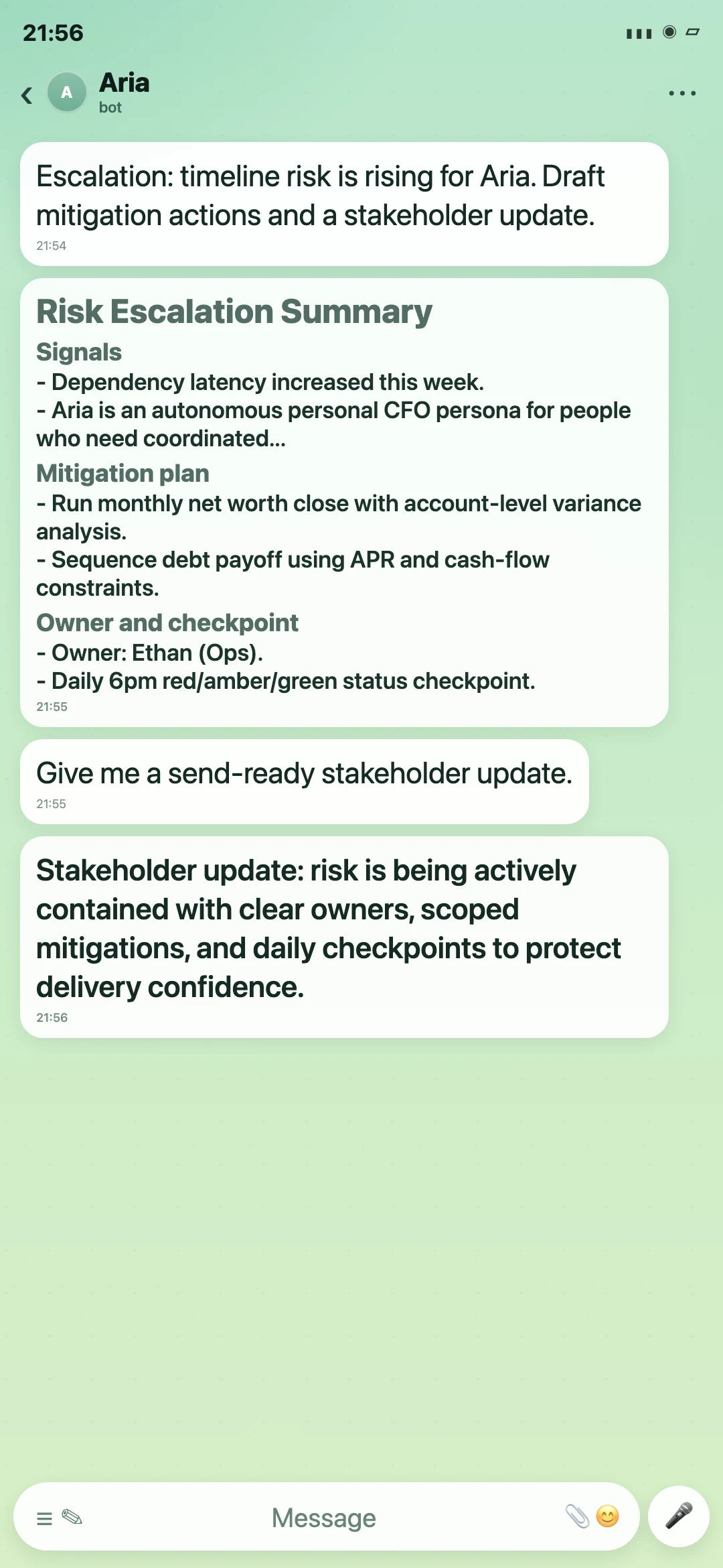 Aria Telegram risk escalation summary screenshot
