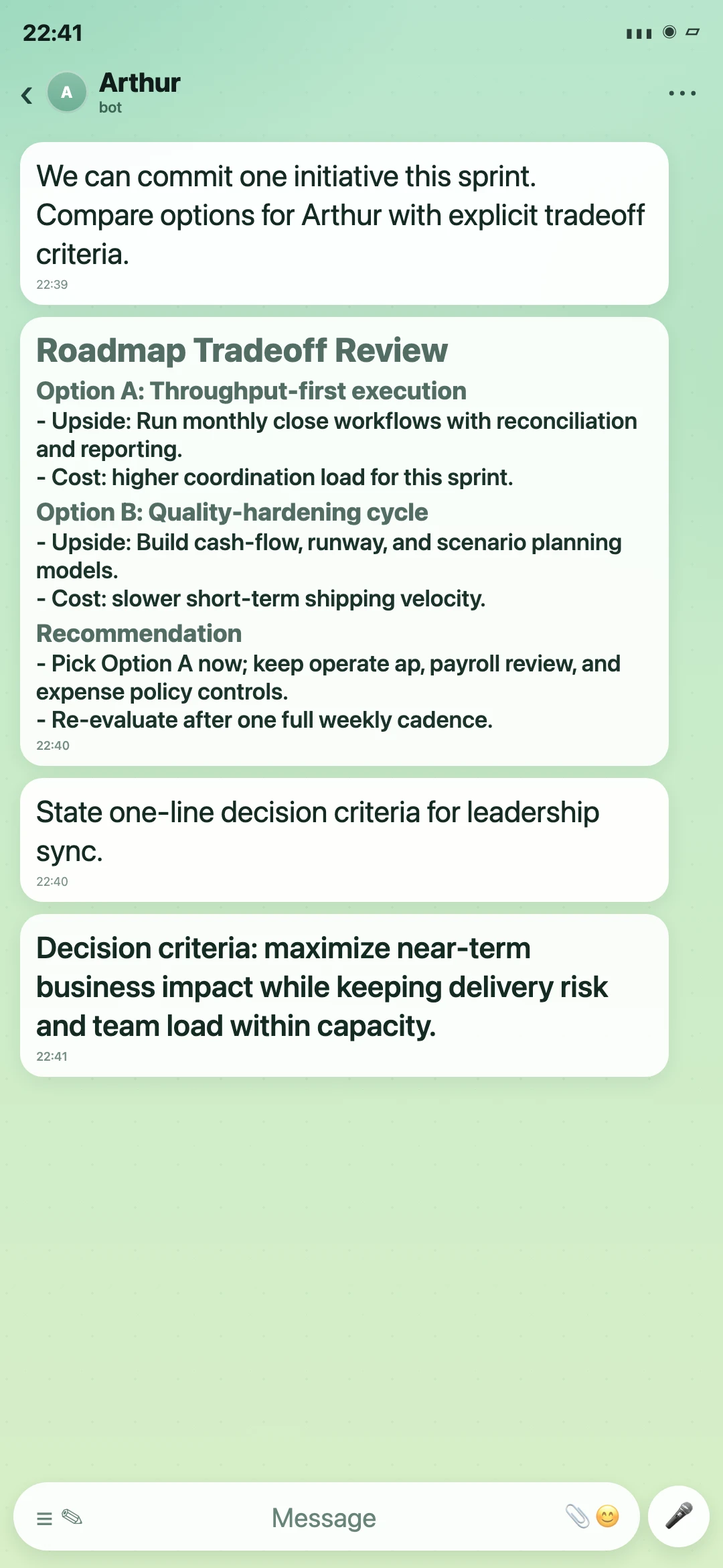 Arthur Telegram roadmap tradeoff review screenshot