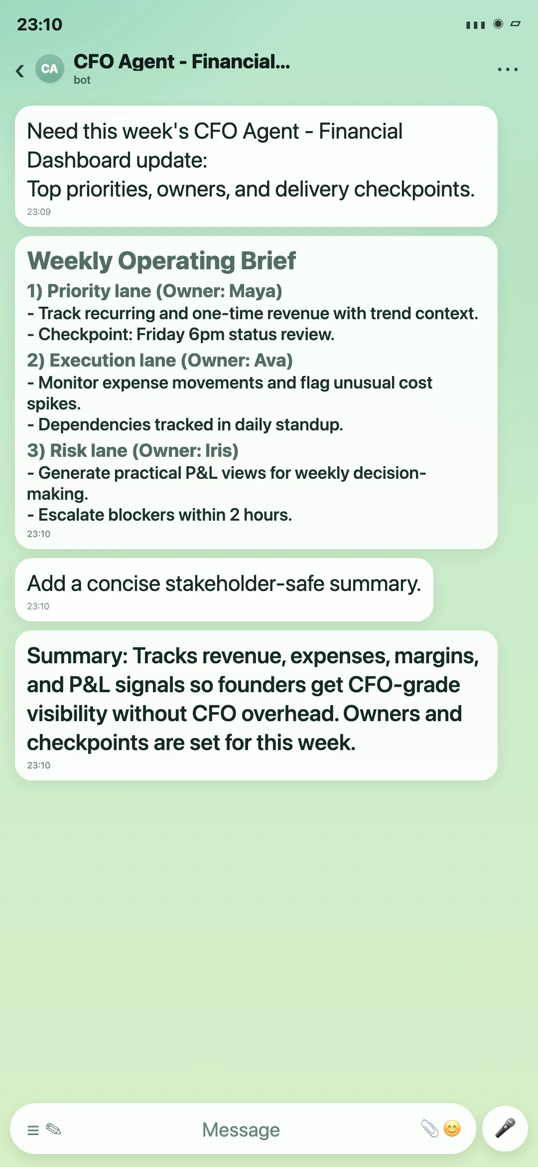CFO Agent - Financial Dashboard Telegram weekly operating brief screenshot