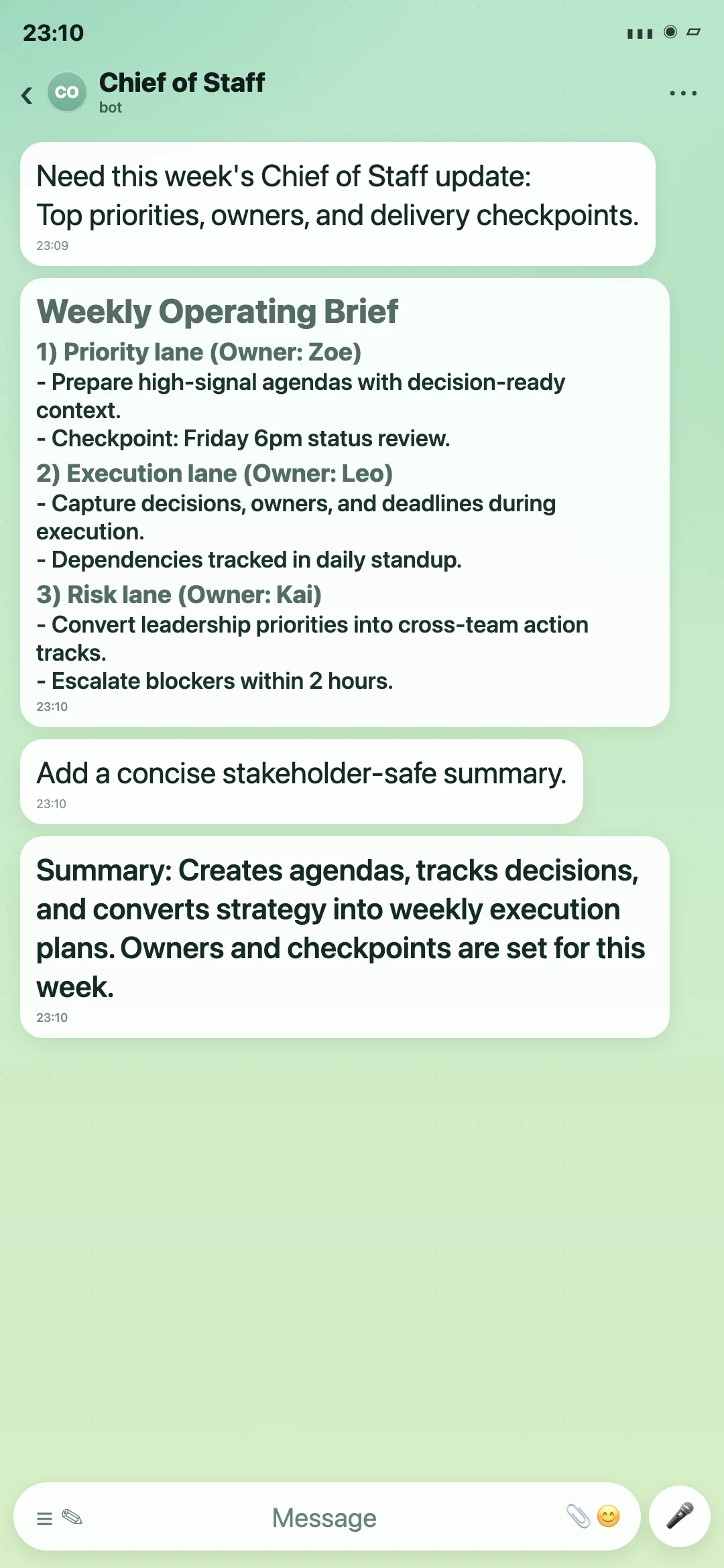 Chief of Staff Telegram weekly operating brief screenshot