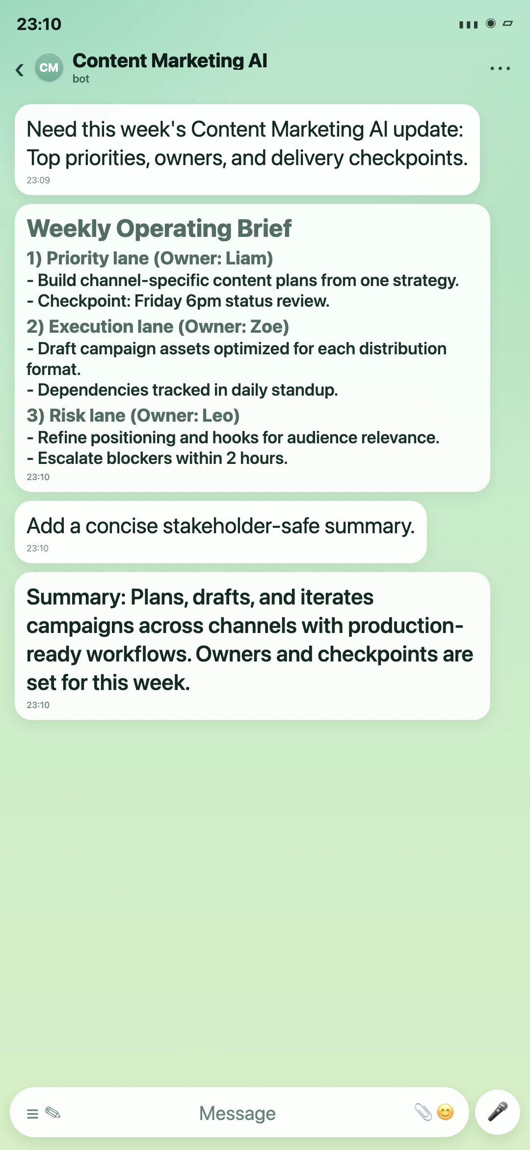 Content Marketing AI Telegram weekly operating brief screenshot