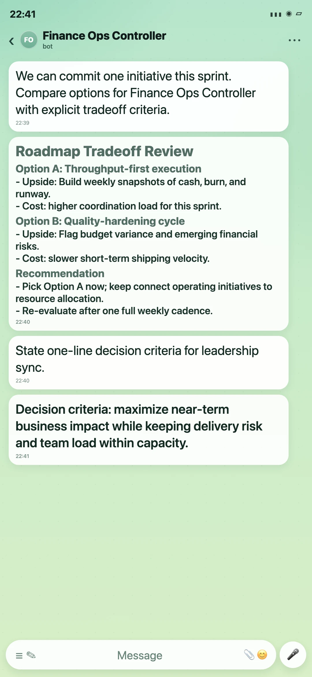 Finance Ops Controller Telegram roadmap tradeoff review screenshot