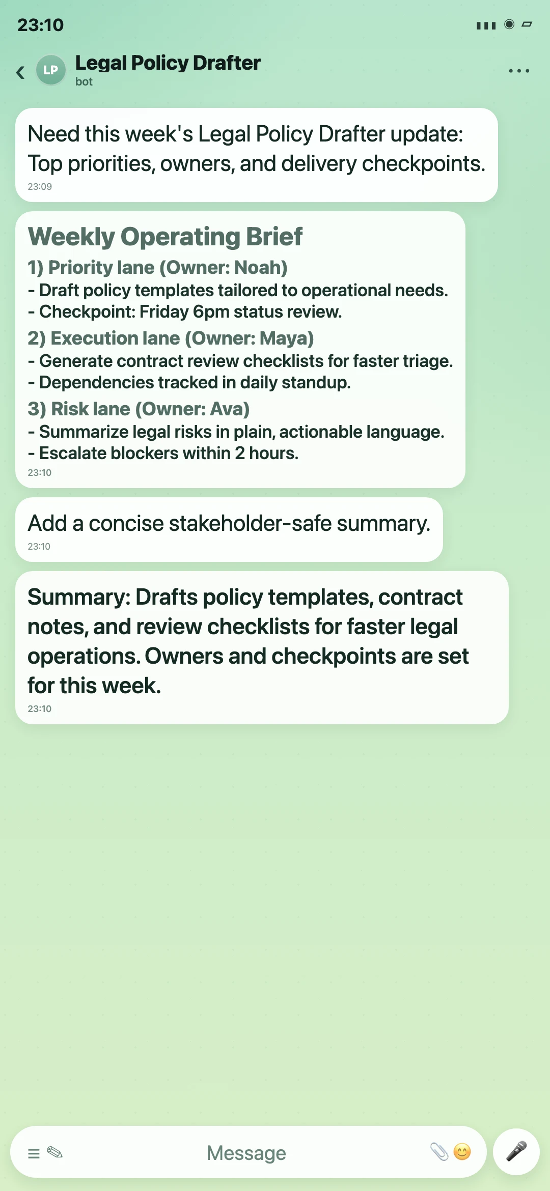 Legal Policy Drafter Telegram weekly operating brief screenshot