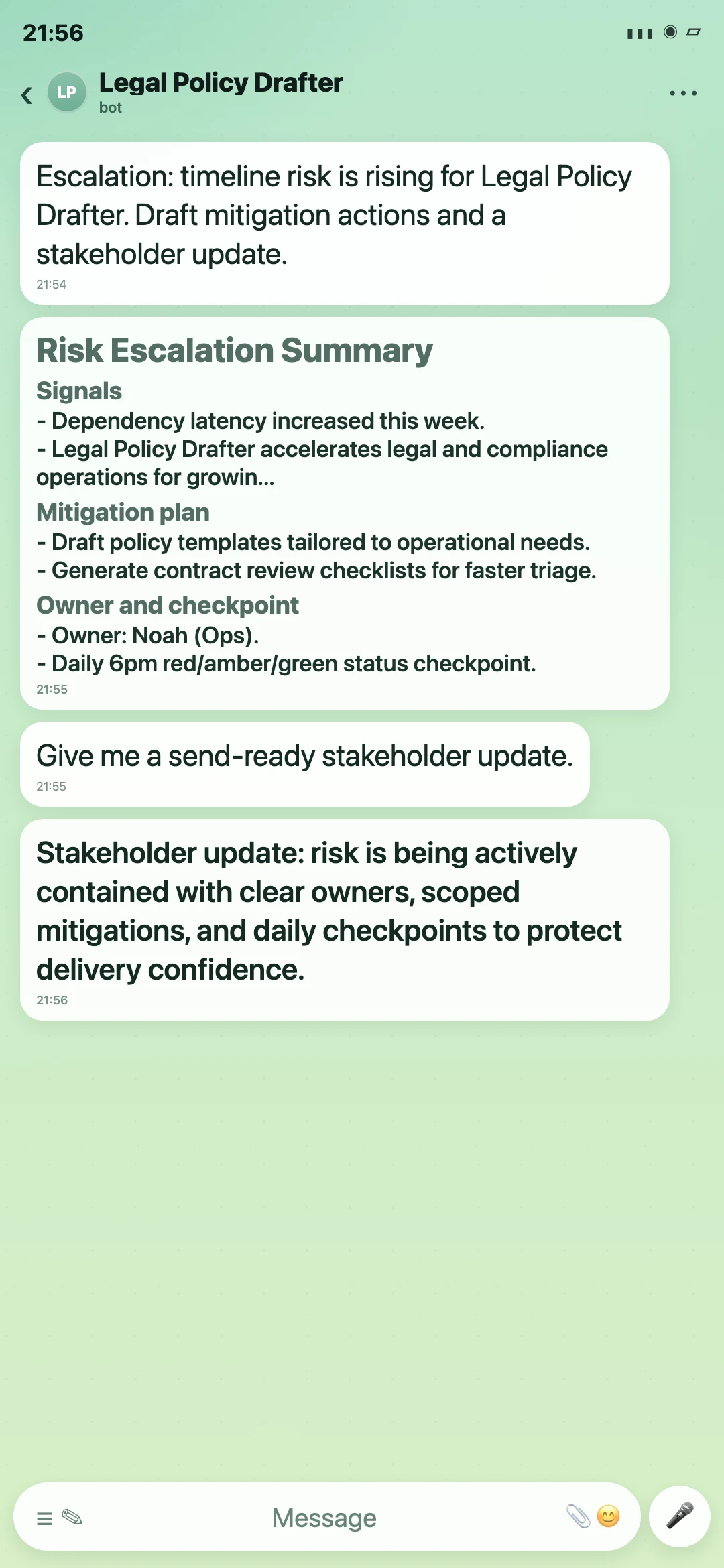 Legal Policy Drafter Telegram risk escalation summary screenshot