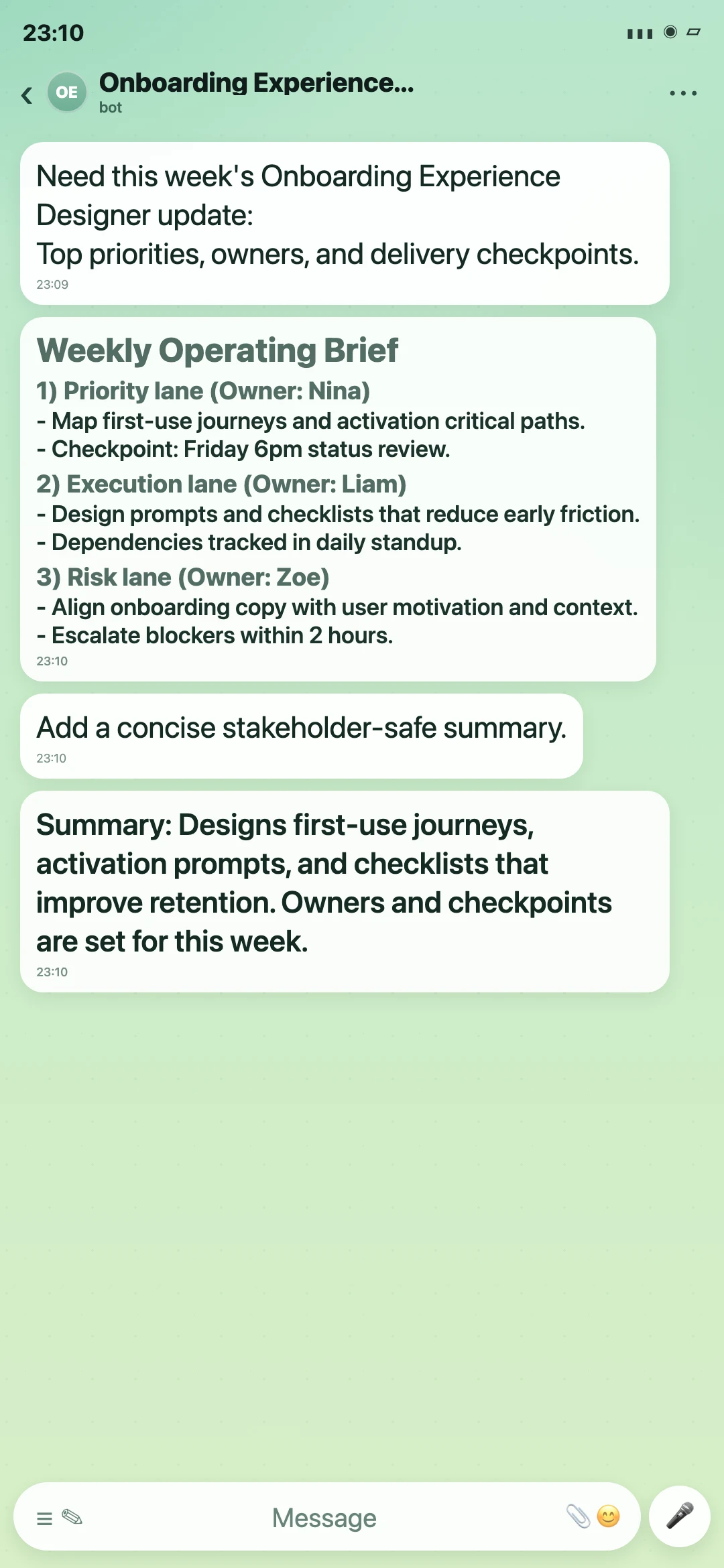 Onboarding Experience Designer Telegram weekly operating brief screenshot