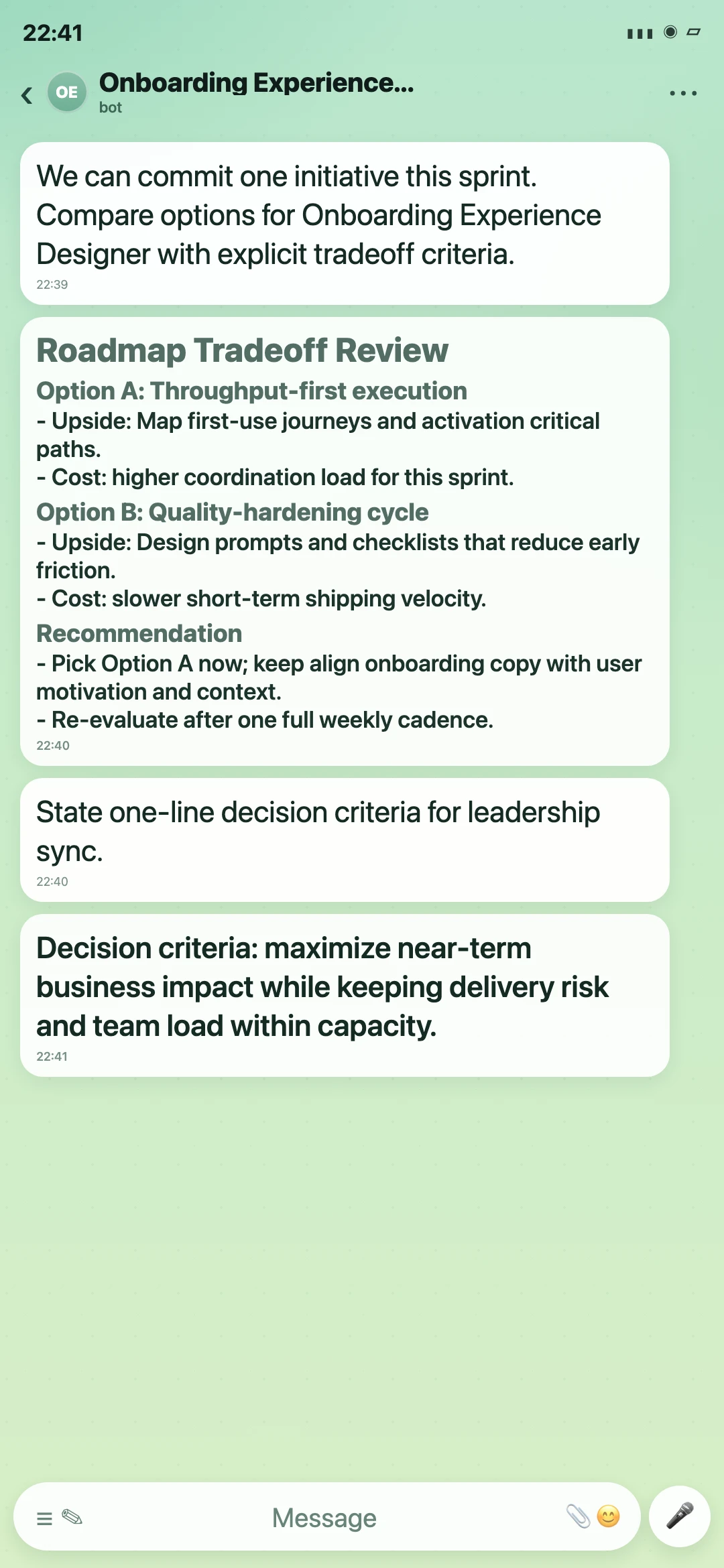 Onboarding Experience Designer Telegram roadmap tradeoff review screenshot