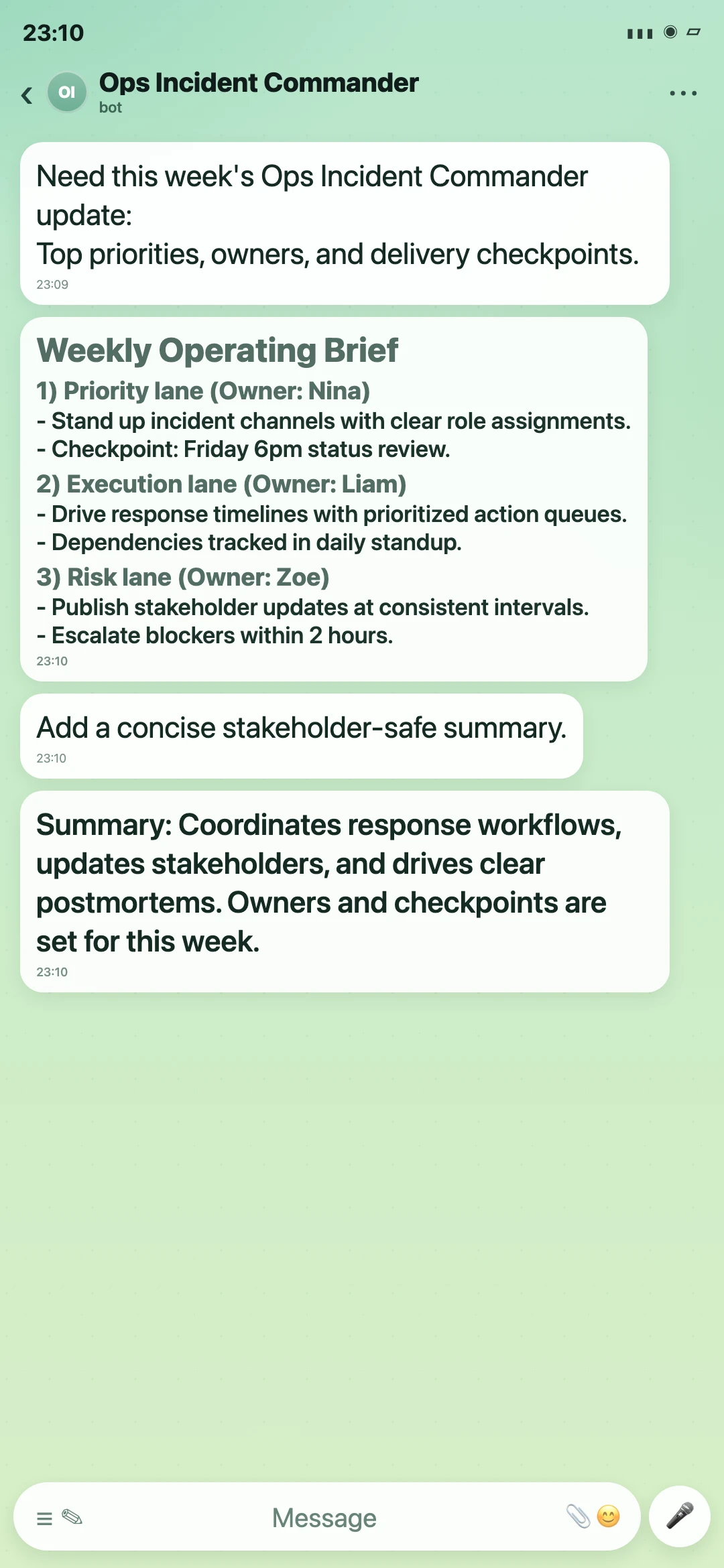 Ops Incident Commander Telegram weekly operating brief screenshot
