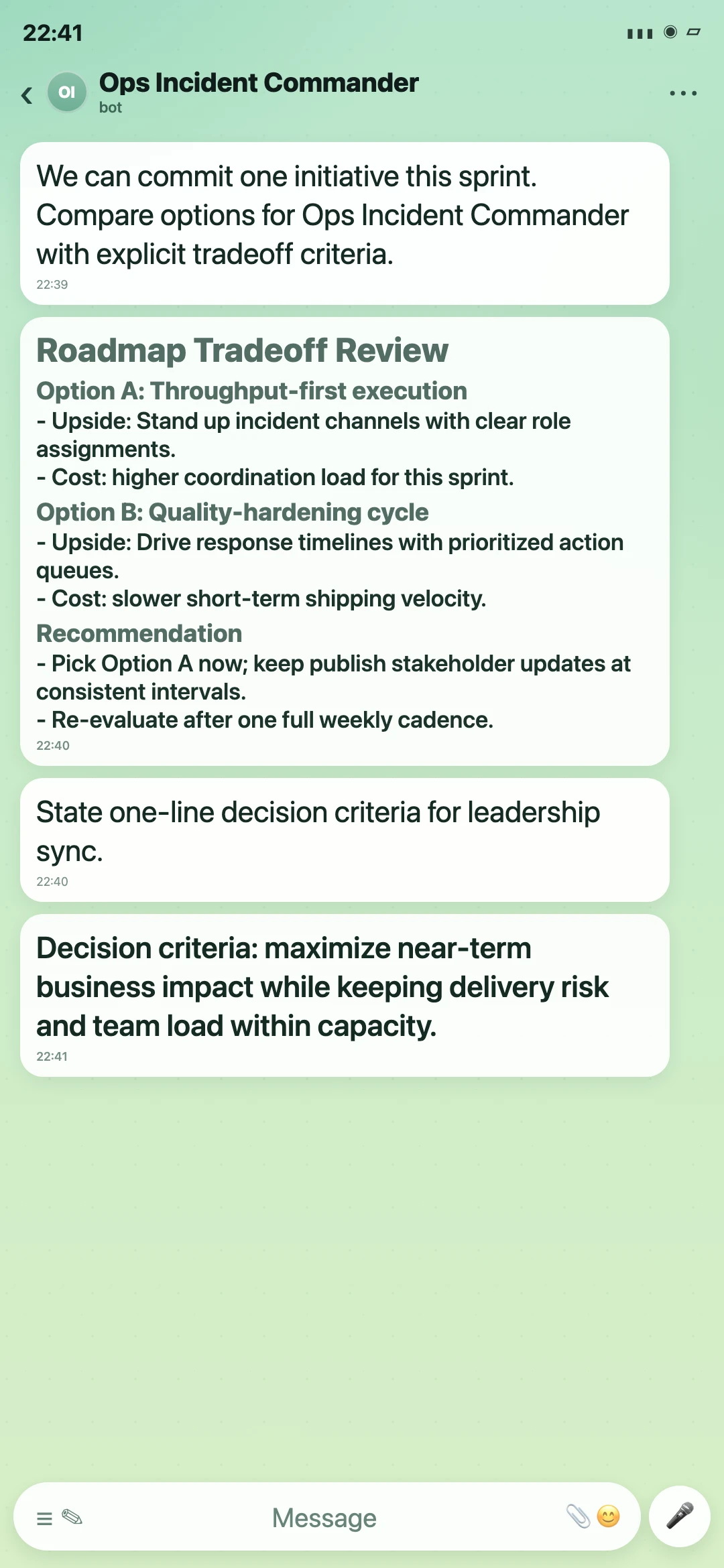 Ops Incident Commander Telegram roadmap tradeoff review screenshot
