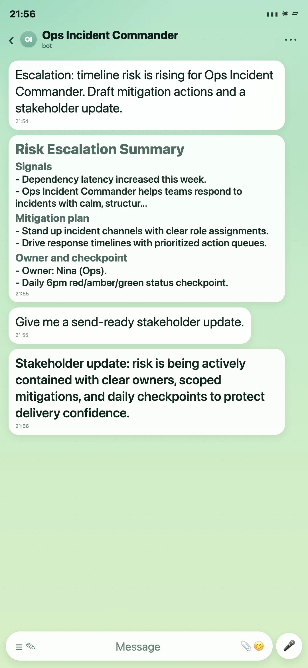 Ops Incident Commander Telegram risk escalation summary screenshot