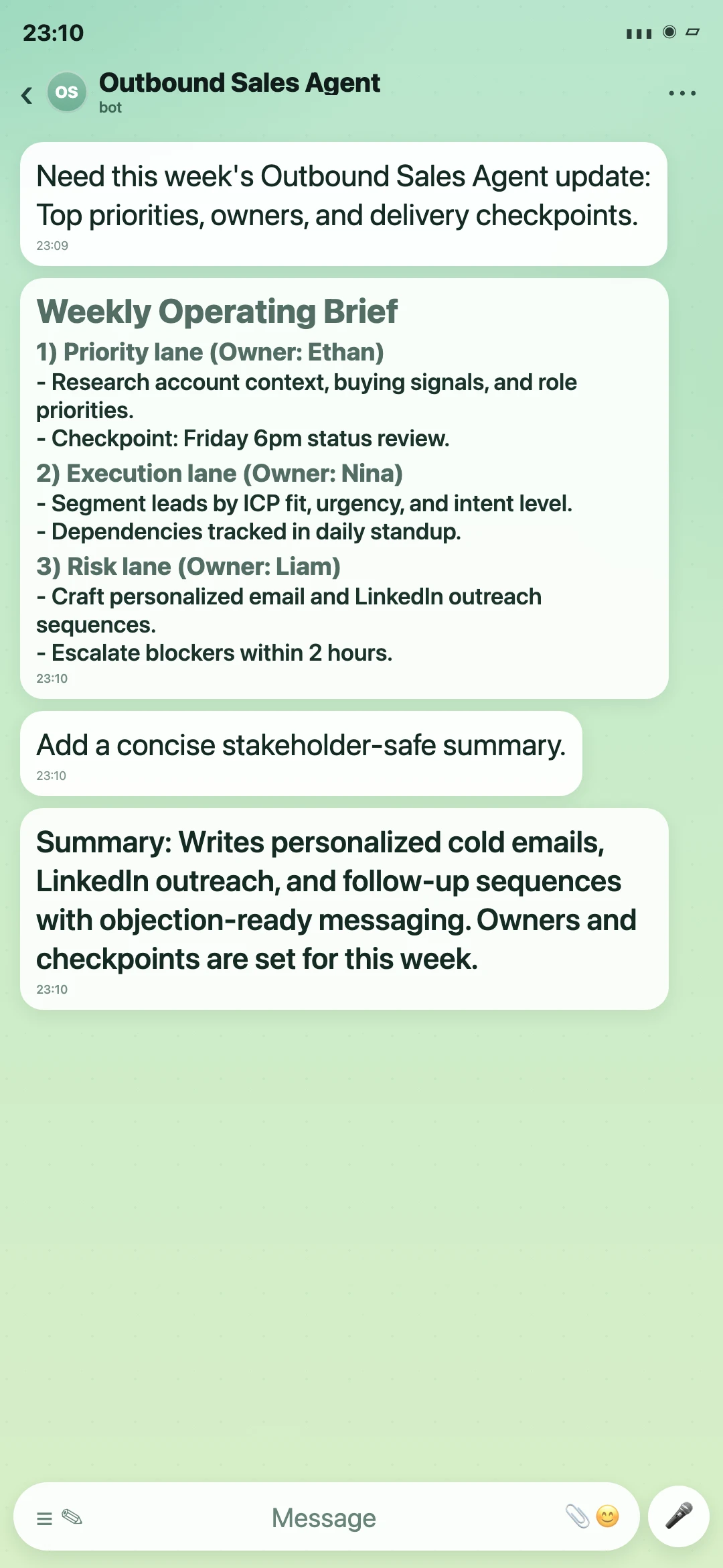 Outbound Sales Agent Telegram weekly operating brief screenshot