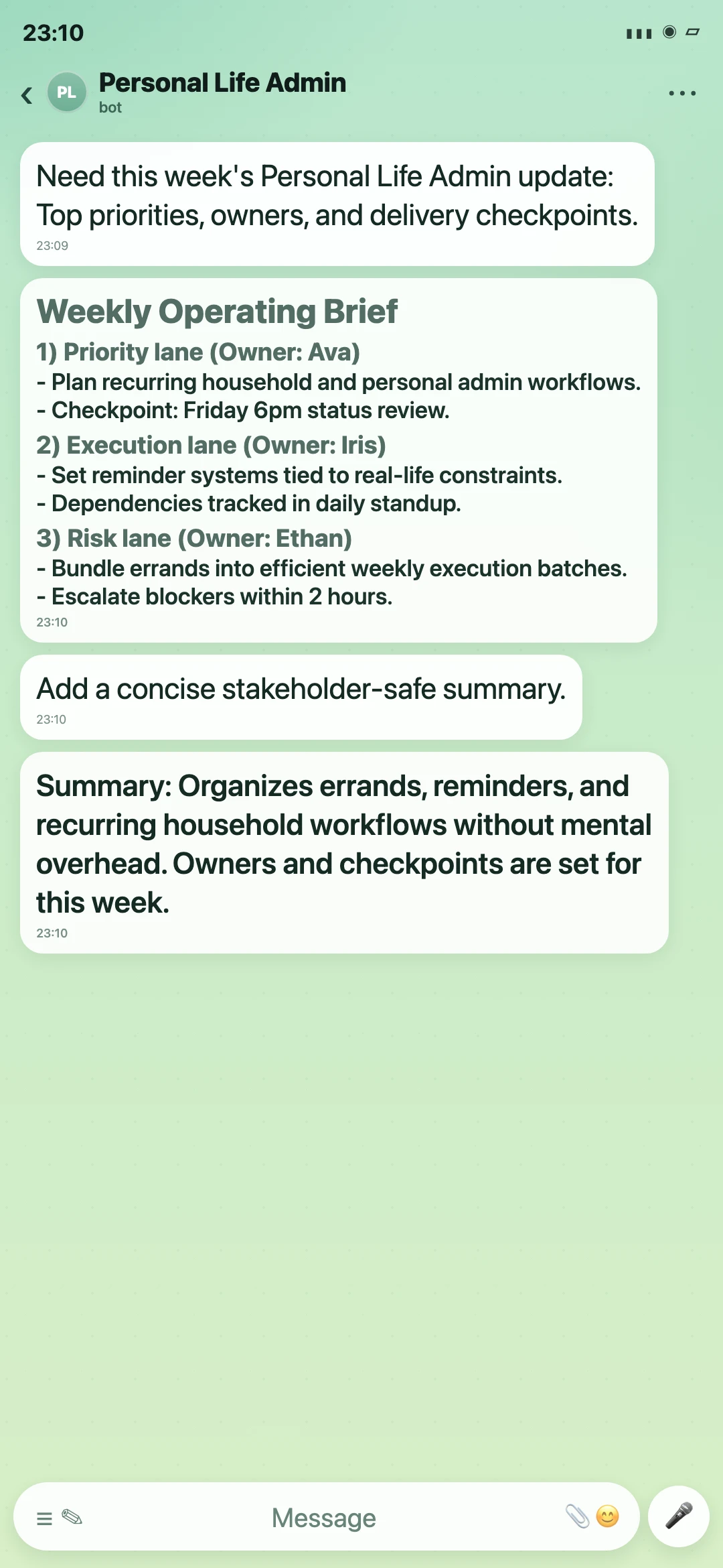Personal Life Admin Telegram weekly operating brief screenshot