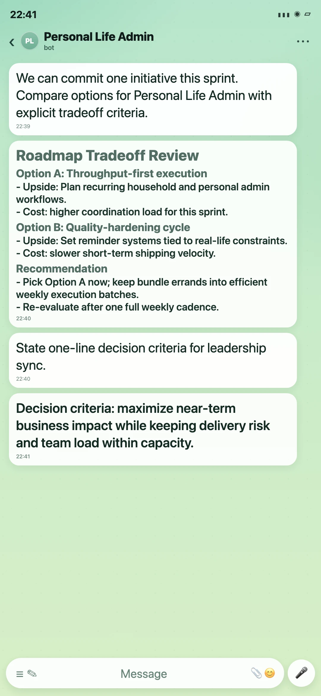 Personal Life Admin Telegram roadmap tradeoff review screenshot