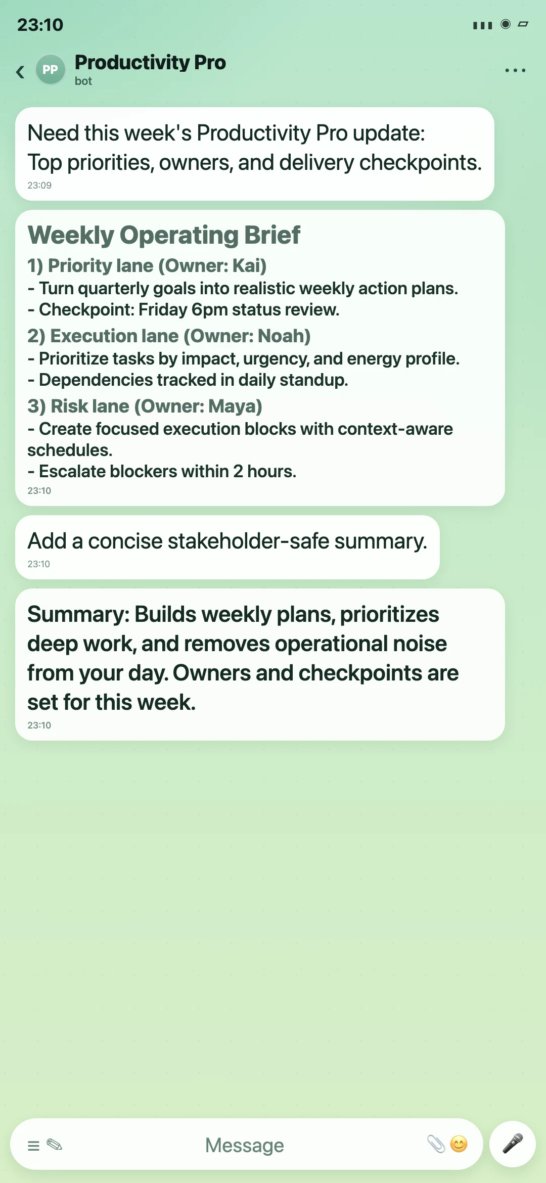 Productivity Pro Telegram weekly operating brief screenshot